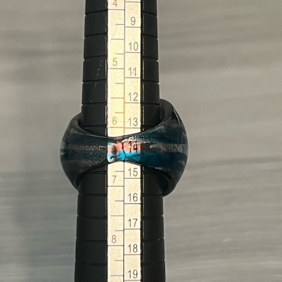 Vintage Glass Ring with Silver and Teal Stripes, Size 6.5, Boho - Picture 4 of 4